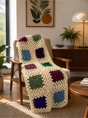 Cozy Crochet Granny Square Throw Blanket in Cream with Colorful Accents